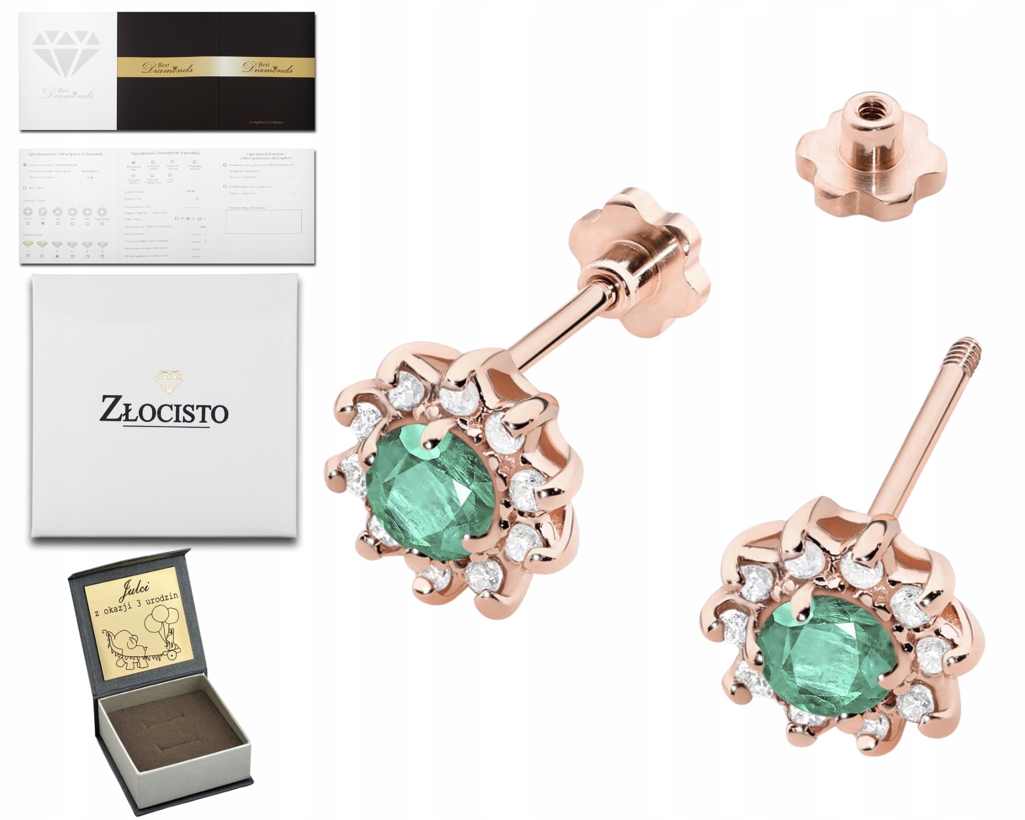 Růžové Zlato Náušnice Zelený Smaragd Brilianty Diamanty Šroubovací Tyčinka