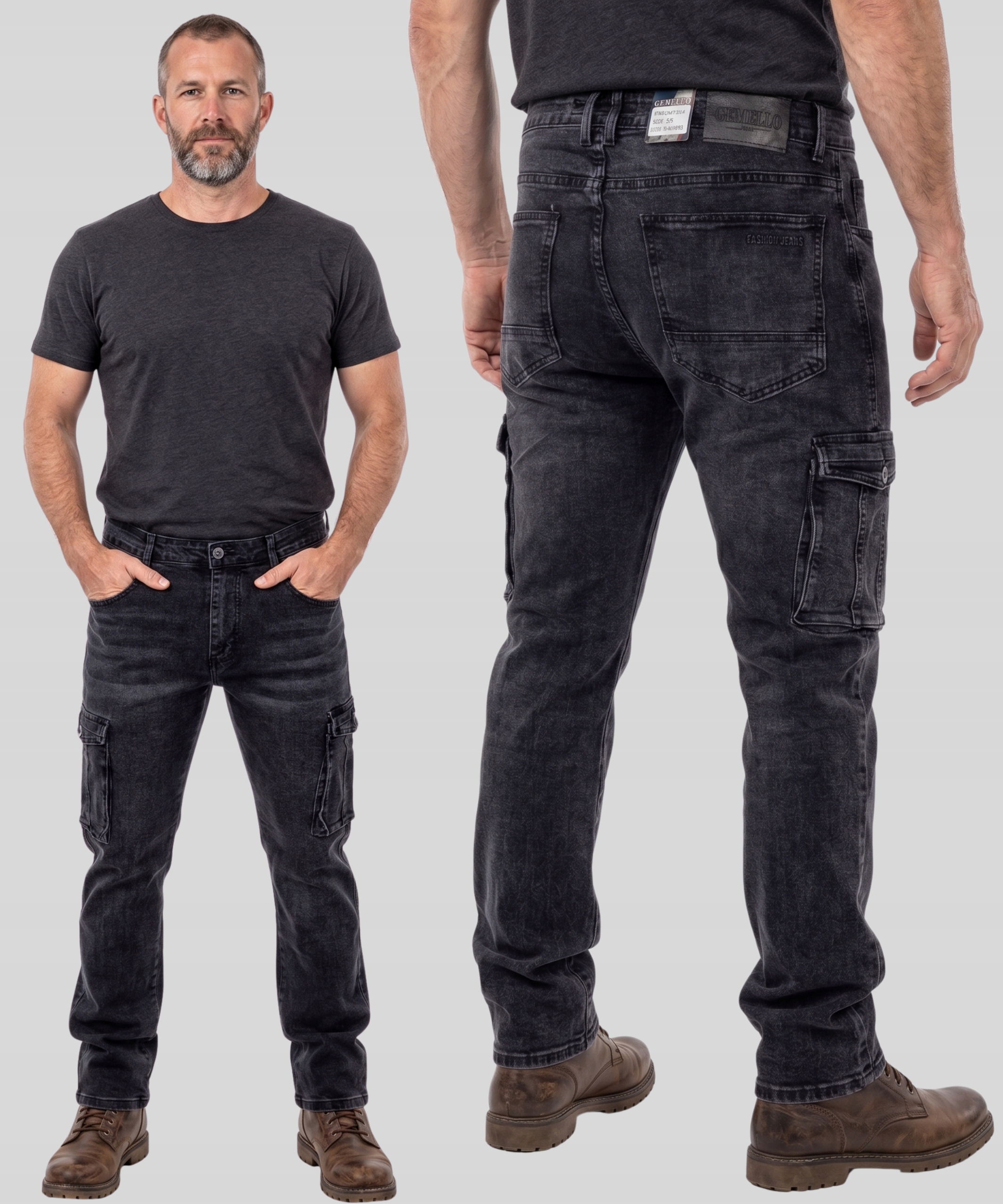 Spodnie męskie jeans Szare Czarne Bojówki Długie nogawki Pas 96-102cm W37
