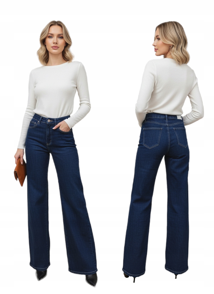 Spodnie Damskie Jeansy Szerokie Nogawki Wide Leg Elastyczne Niebieskie M