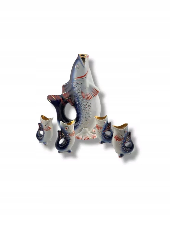 KARAFKA RYBA POŁONNE + 4 KIELISZKI PORCELANA PRL VINTAGE