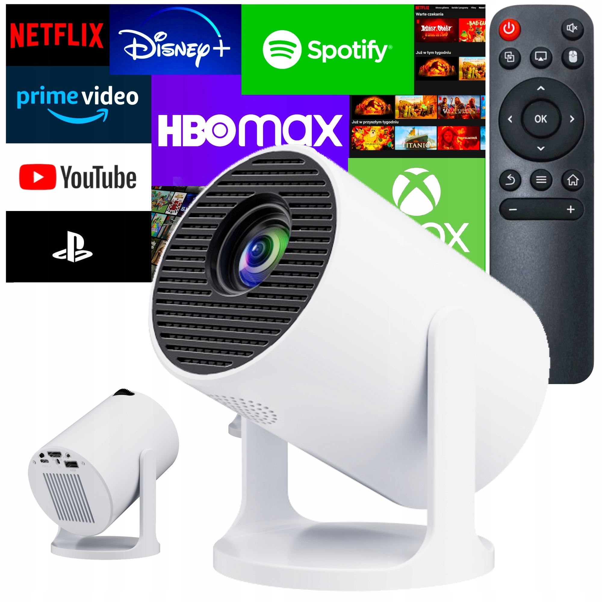 Projektor LED, Android, Obrotowy 4K Full HD, Wbudowany Głośnik Smart i WiFi