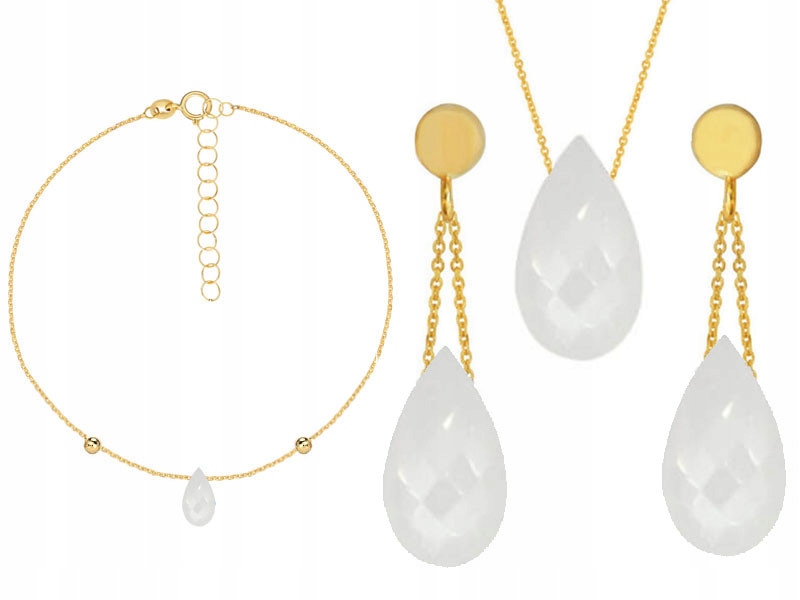 Zlatá dámská souprava šperků 585 slzičky visací s přírodním kamenem 4 dílná, módní