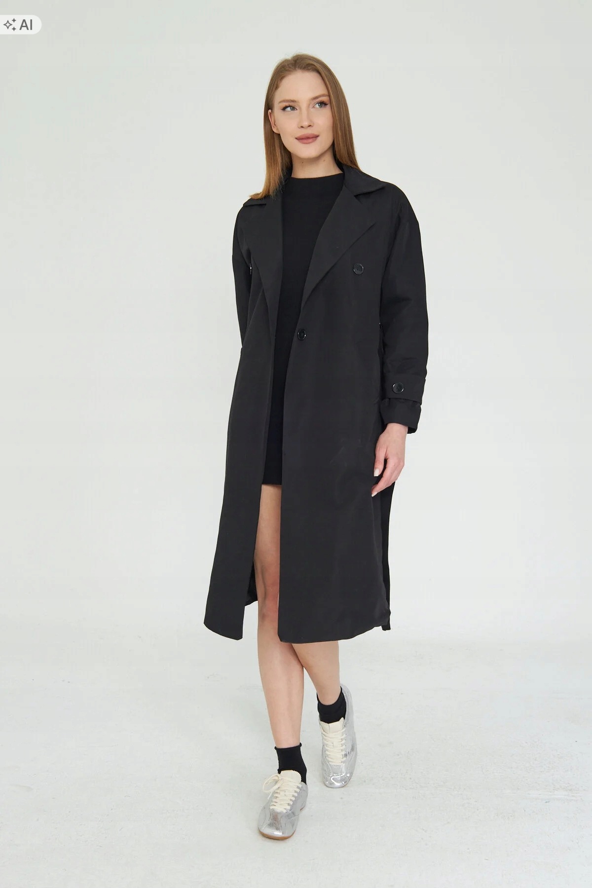 Dlouhý Černý Kabát Z Hladké Tkaniny, Elegantní XL 5IA