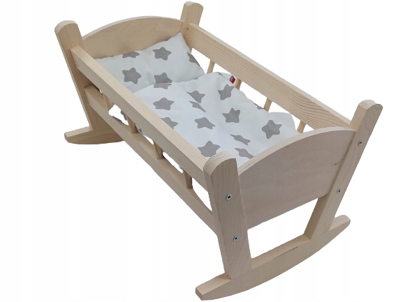 KOŁYSKA DREWNIANA dla lalek NIEMALOWANA + POŚCIEL