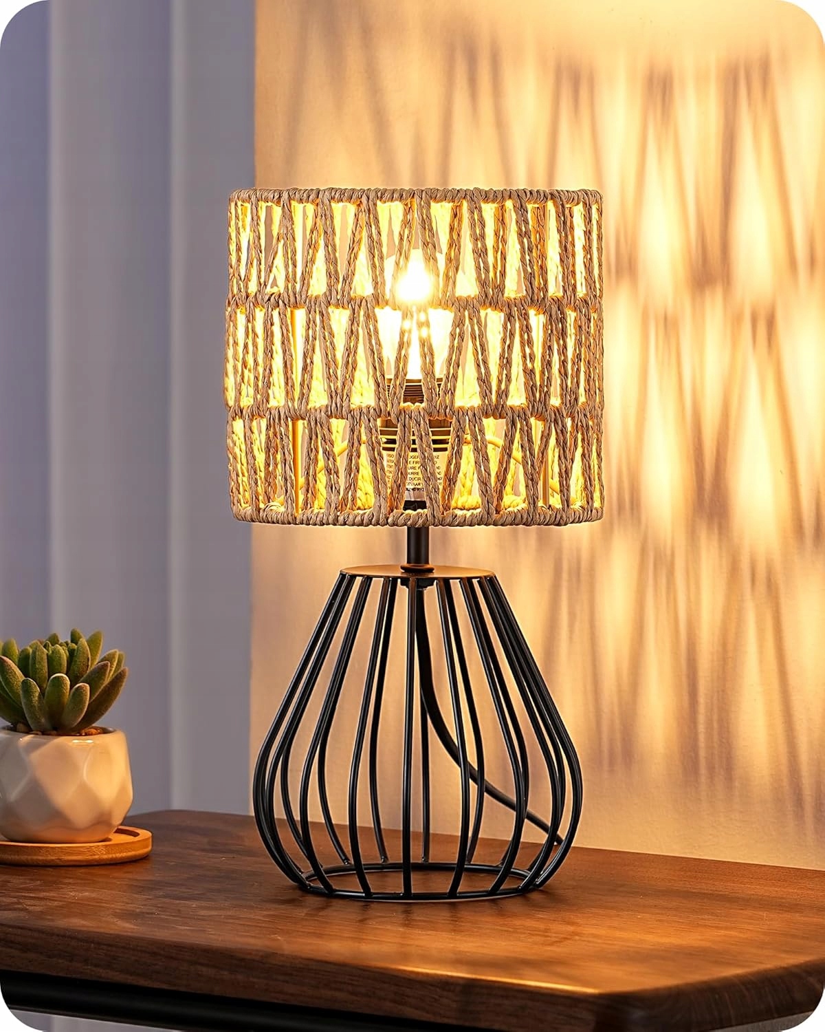 Lampa Stołowa Boho Edishine Abażur Tkany E14 Led Nocna Czarna 29CM