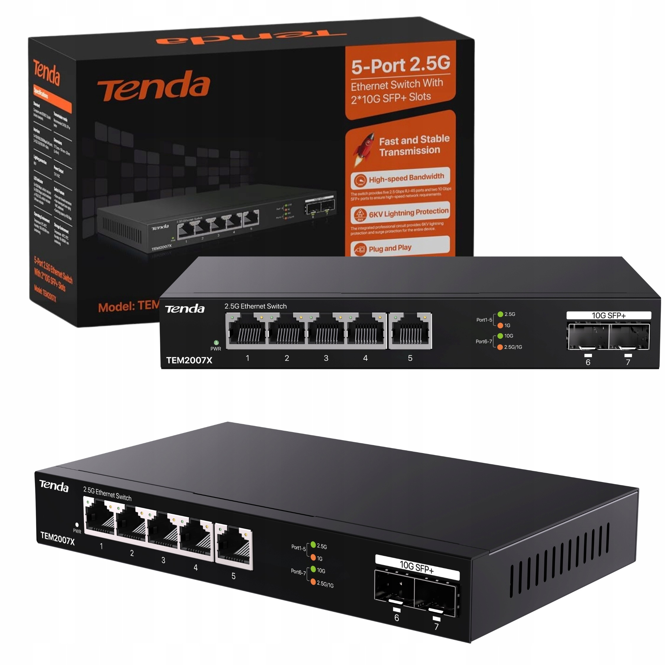 Switch 7-portový nespravovatelný Tenda TEM2007X 5x 2.5Gb/s 2x 10Gb/s Sfp+