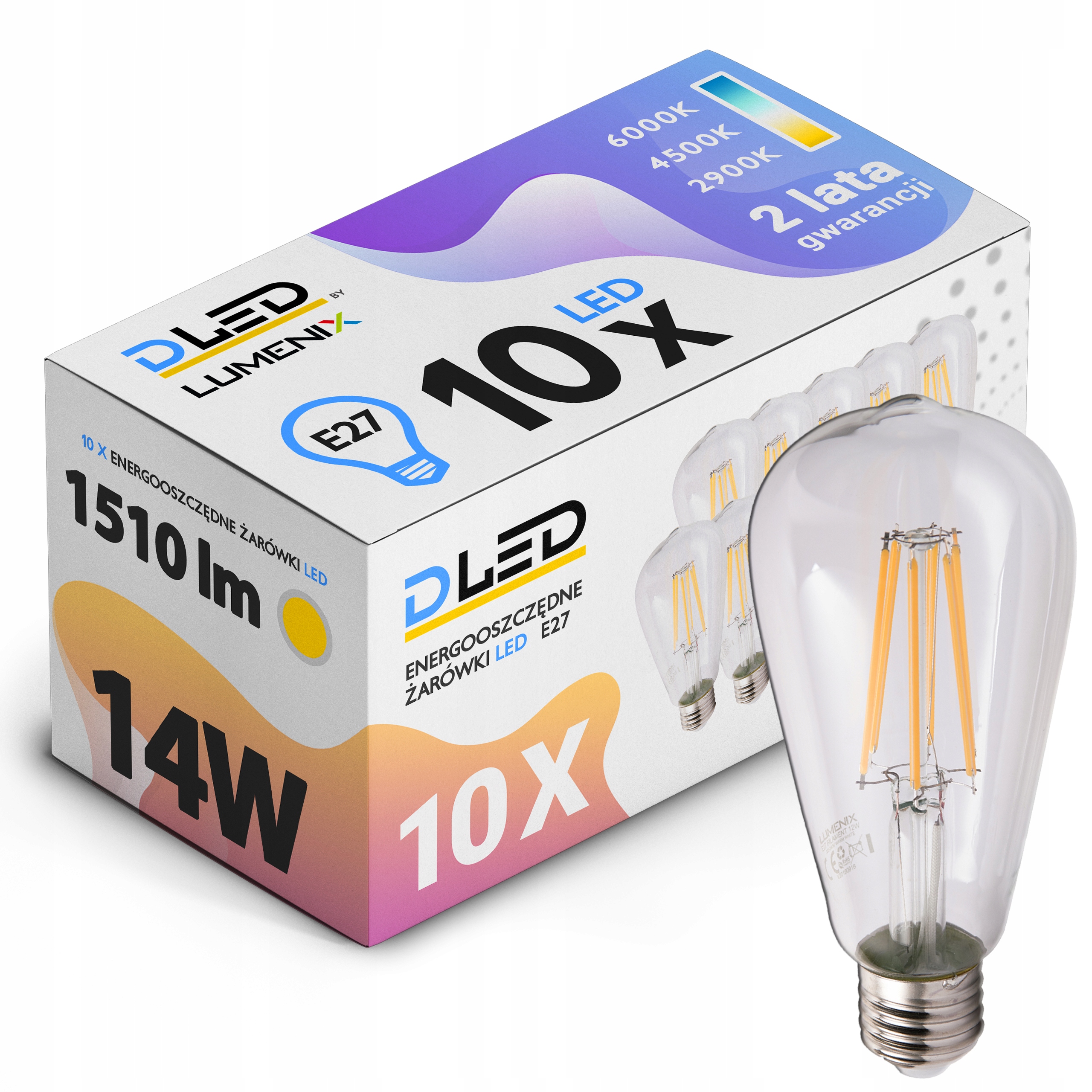 

10x Żarówka E27 Led Filament 14W Ciepła Łza
