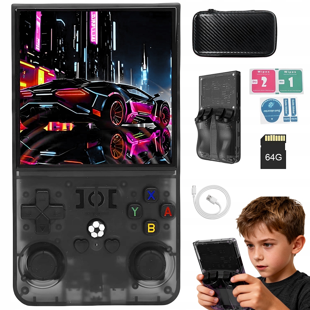 R36MAX Konsola Do Gier Retro 18000GRY Czarny 64GB Polskie Menu 4 Cala Ekran