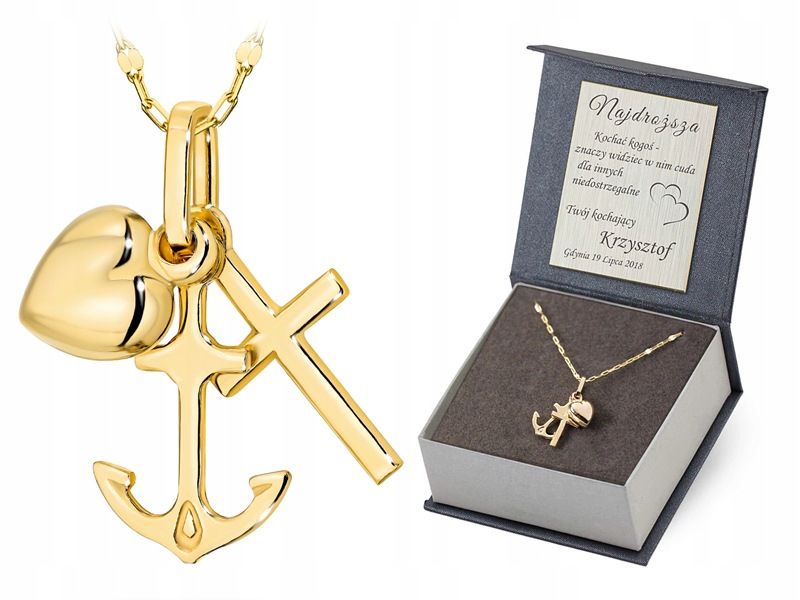 Złoty Komplet pr. 585 Łańcuszek 38cm i Zawieszka Wiara Nadzieja Miłość 14k