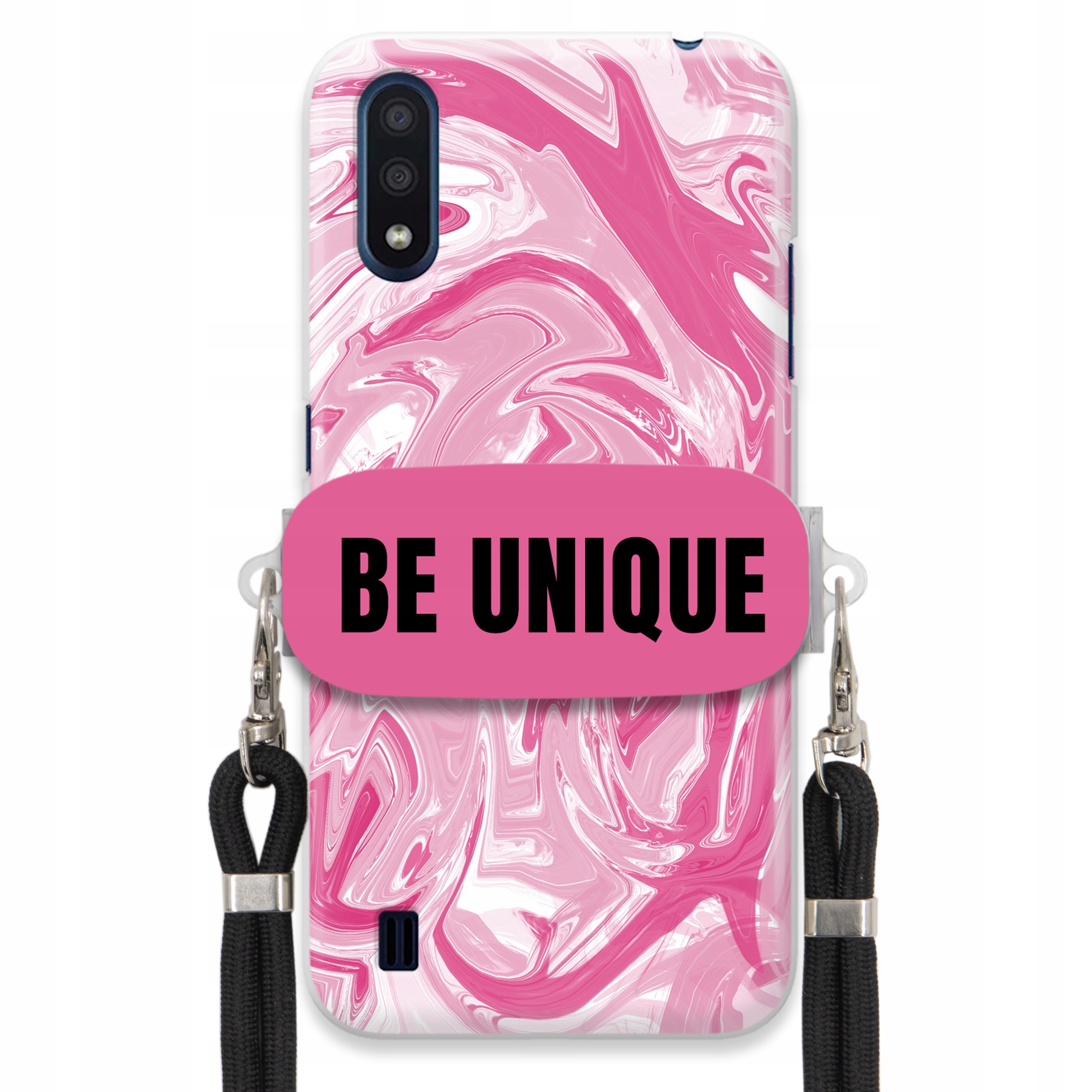 Pouzdro pro Samsung M01Case Uchytky Šňůrka Černá Růžová Mramor Be Unique