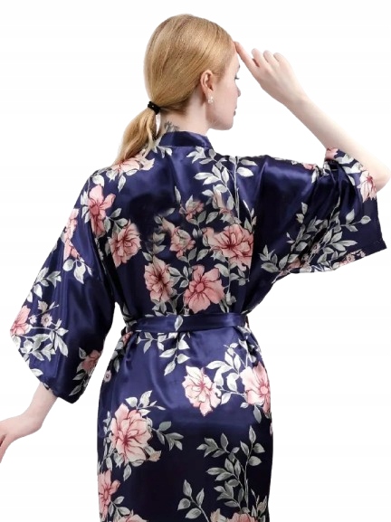 Dlouhý Saténový Župan Kimono Tmavě Modrý