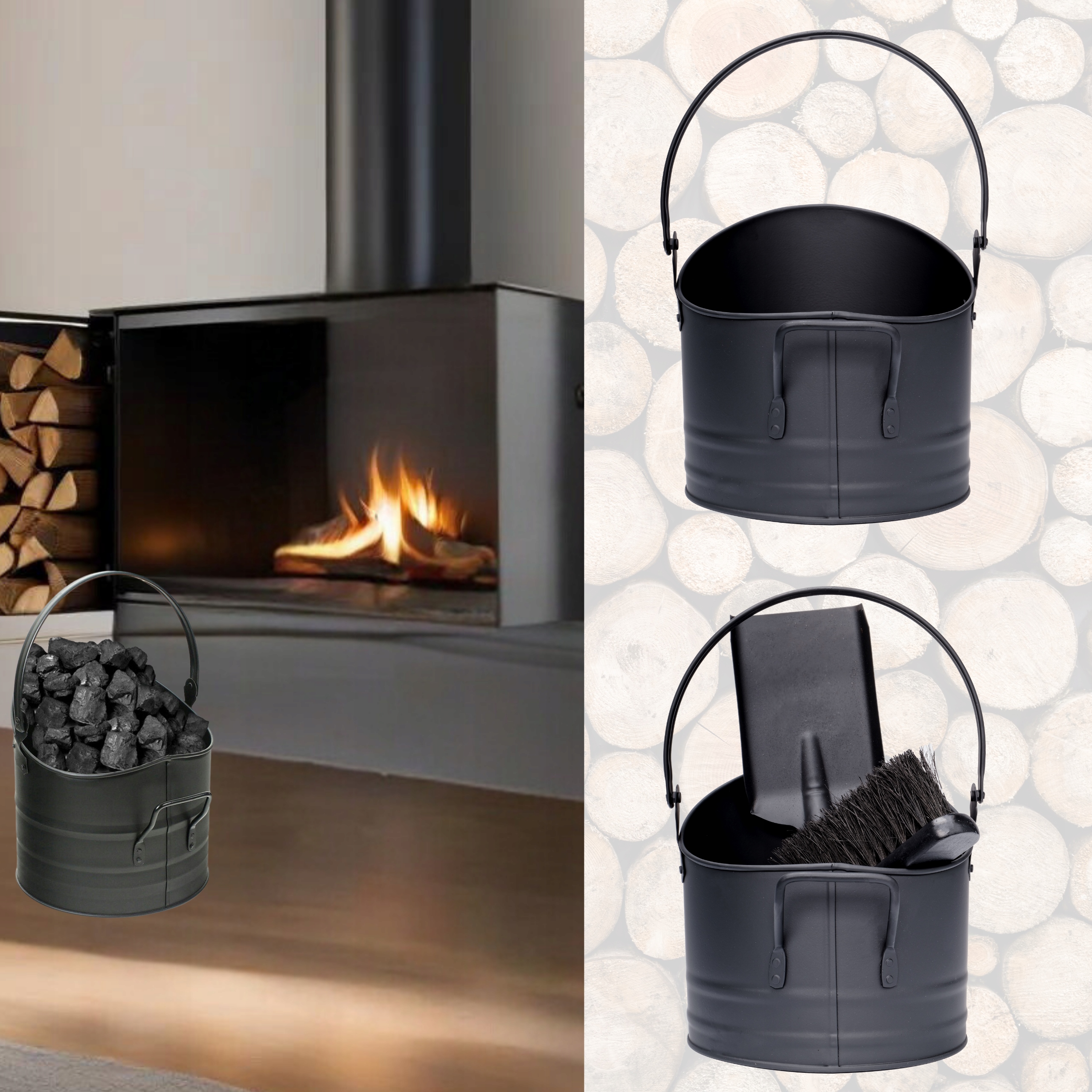 WĘGLARKA KUBEŁ KOSZ WIADRO NA WĘGIEL POPIÓŁ DREWNO KOMINKOWE + AKCESORIA Głębokość produktu 21 cm