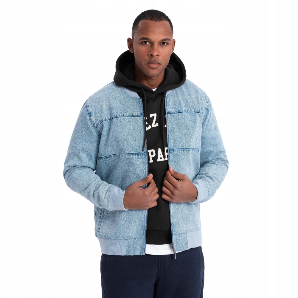 Męska kurtka jeansowa bomberka stone wash błękit Ombre OM-JADJ-0163 V3 L