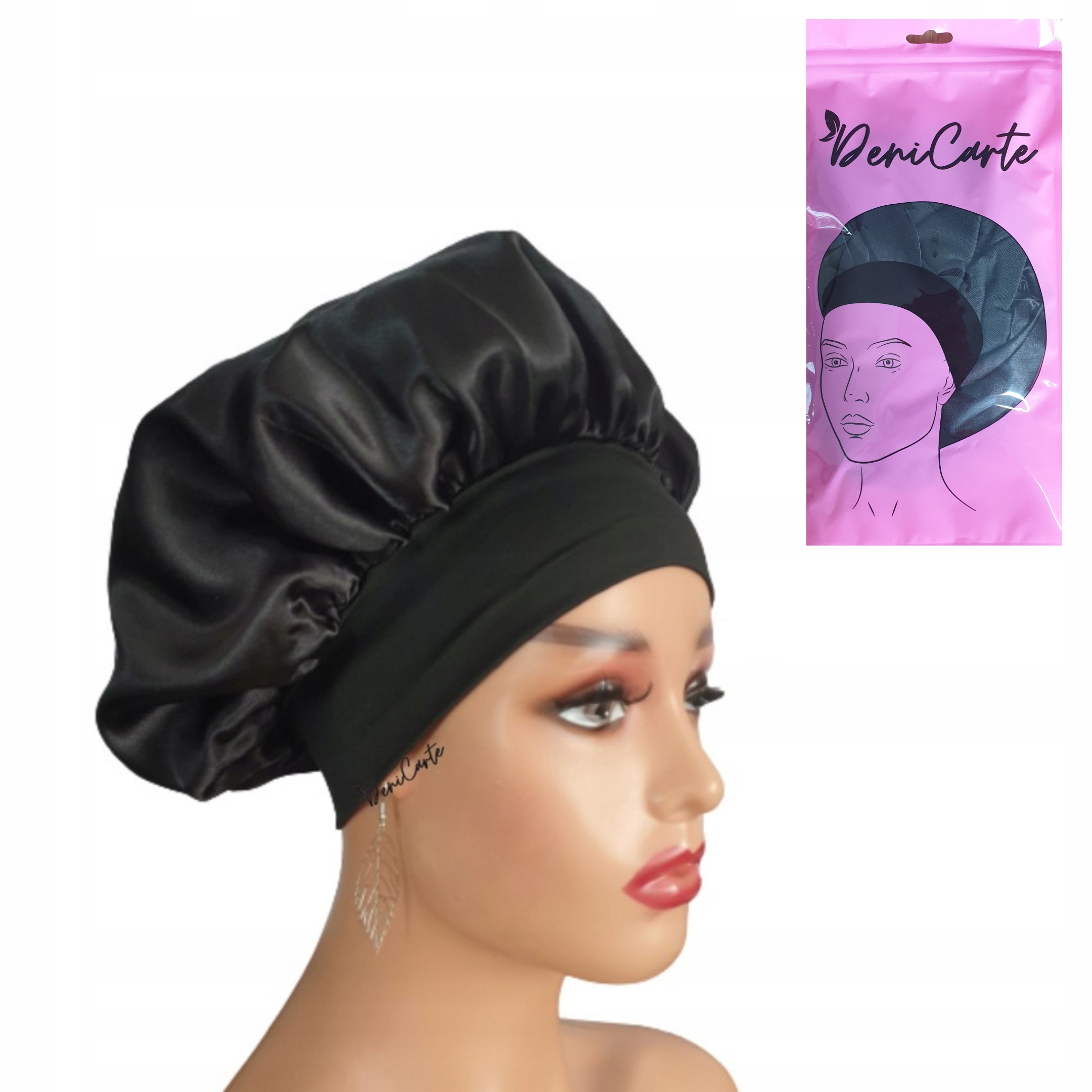 CZEPEK SATYNOWY DO SPANIA ZABEZPIECZAJĄCY WŁOSY LOKI Z SZEROKĄ GUMKĄ CZARNY