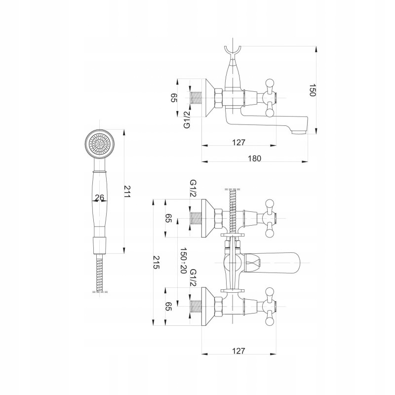 Bateria wannowa ścienna kompletna Retro chrom Marka Hydroland