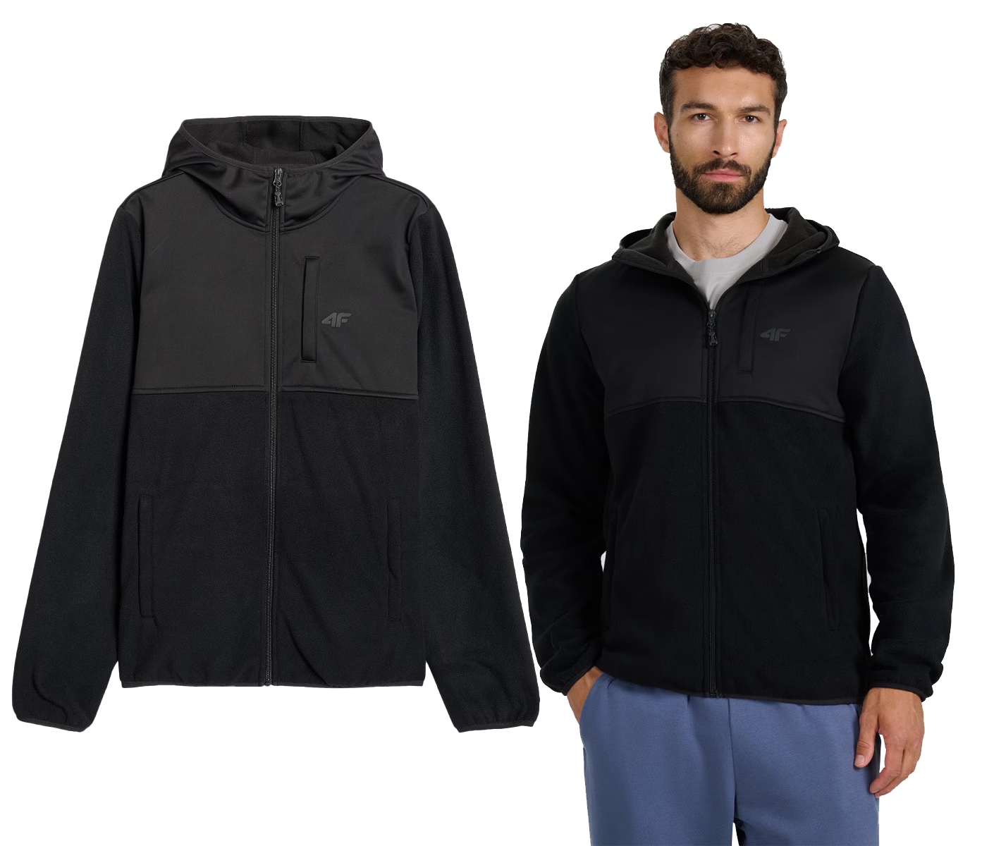 Pánská fleecová 4F mikina na zip s kapucí softshellová černá, velikost 3XL