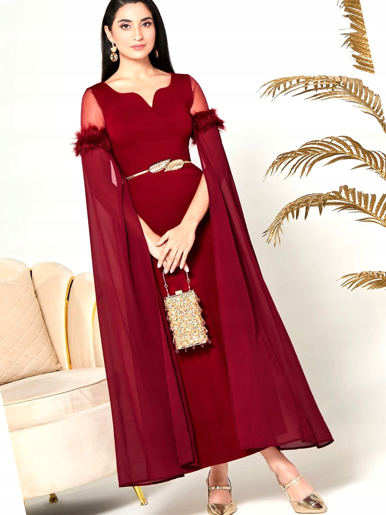 Šaty s průhlednými plenkovými rukávy Maxi s kožešinou, velikost L