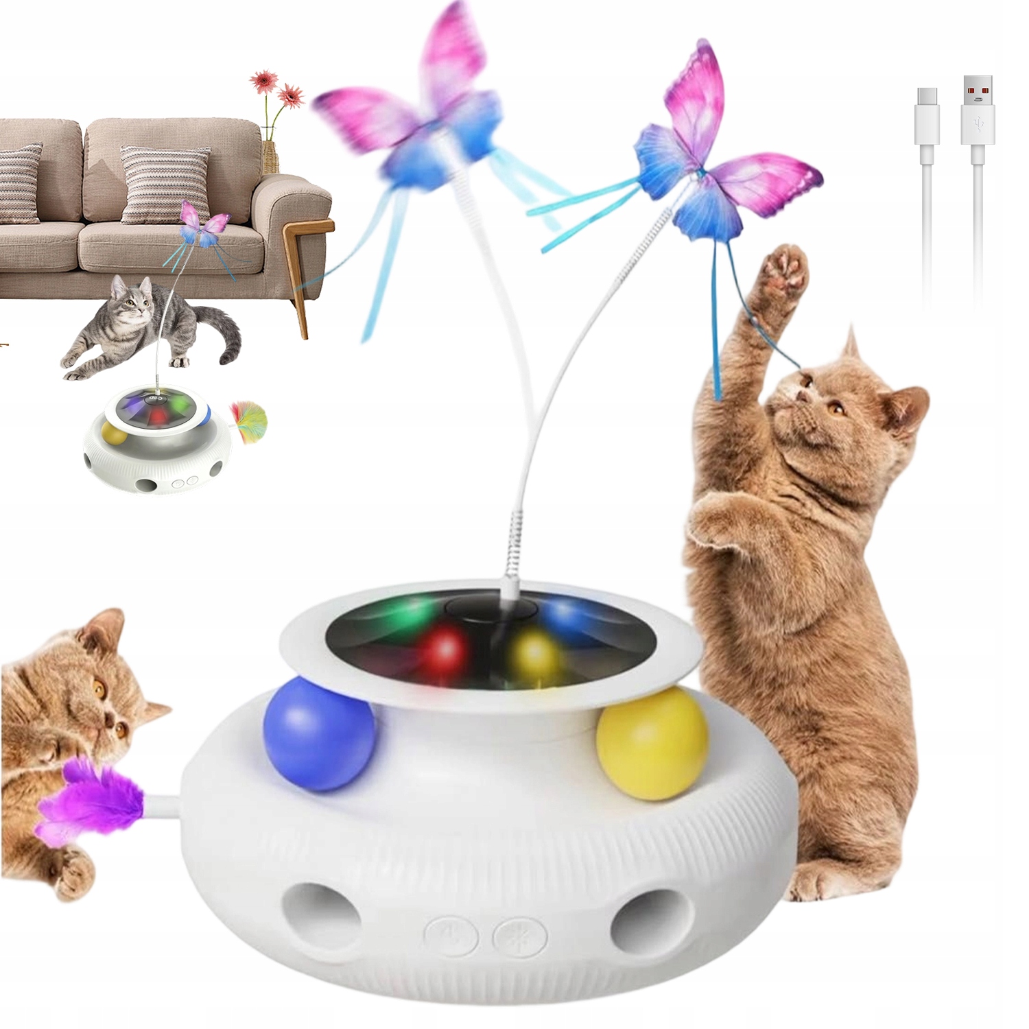 Levně 4V1 Automatická Interaktivní Hračka Pro Kočky S 7X Perem Míčem Motýlem