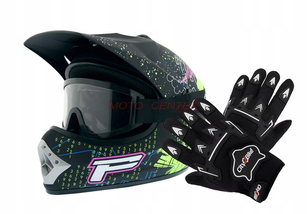 Kask Dziecięcy Crossowy M Gogle Rękawice na Enduro Bmx Quad Cross Atv