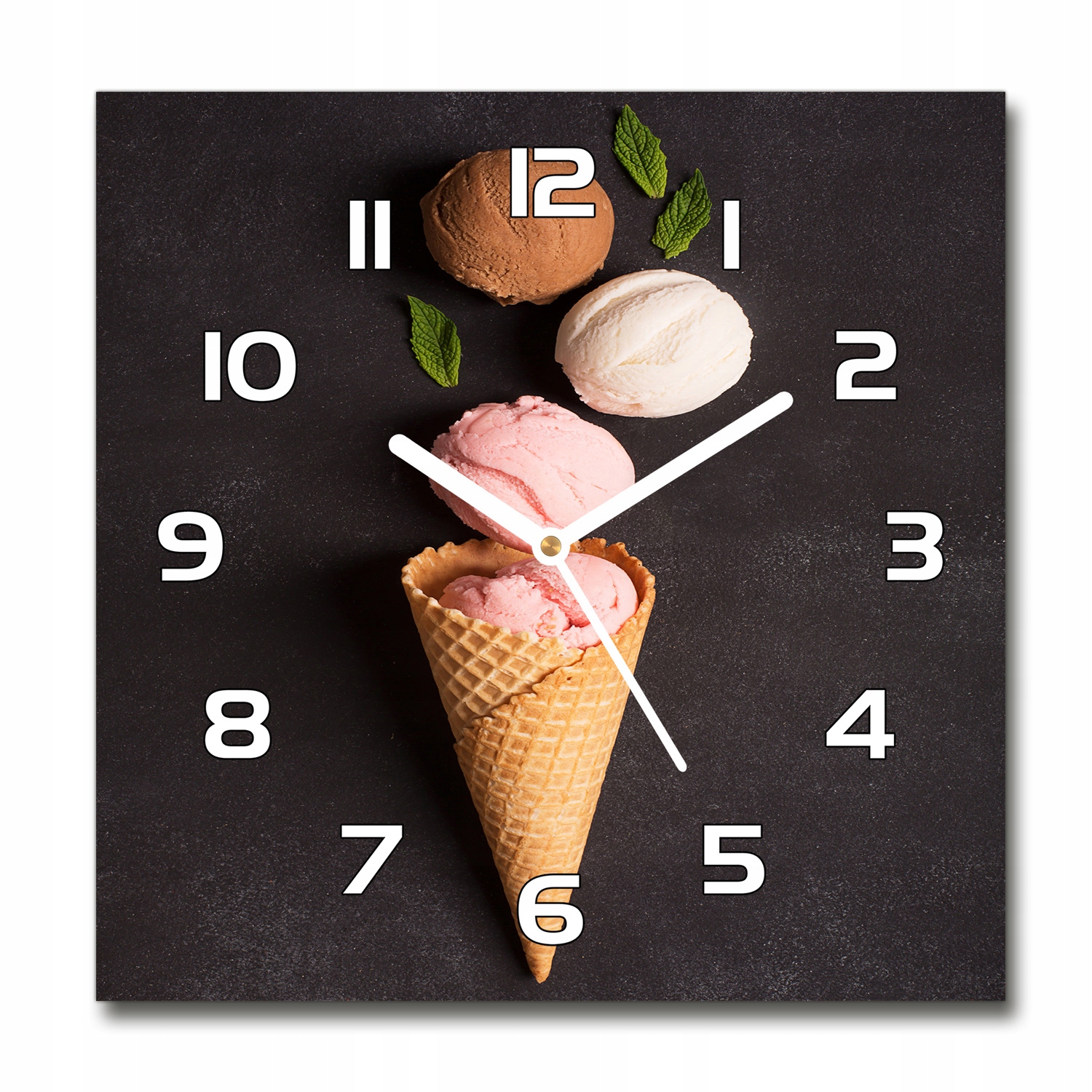 

Kwadratowy cichy szklany zegar Lody w waflu 30x30