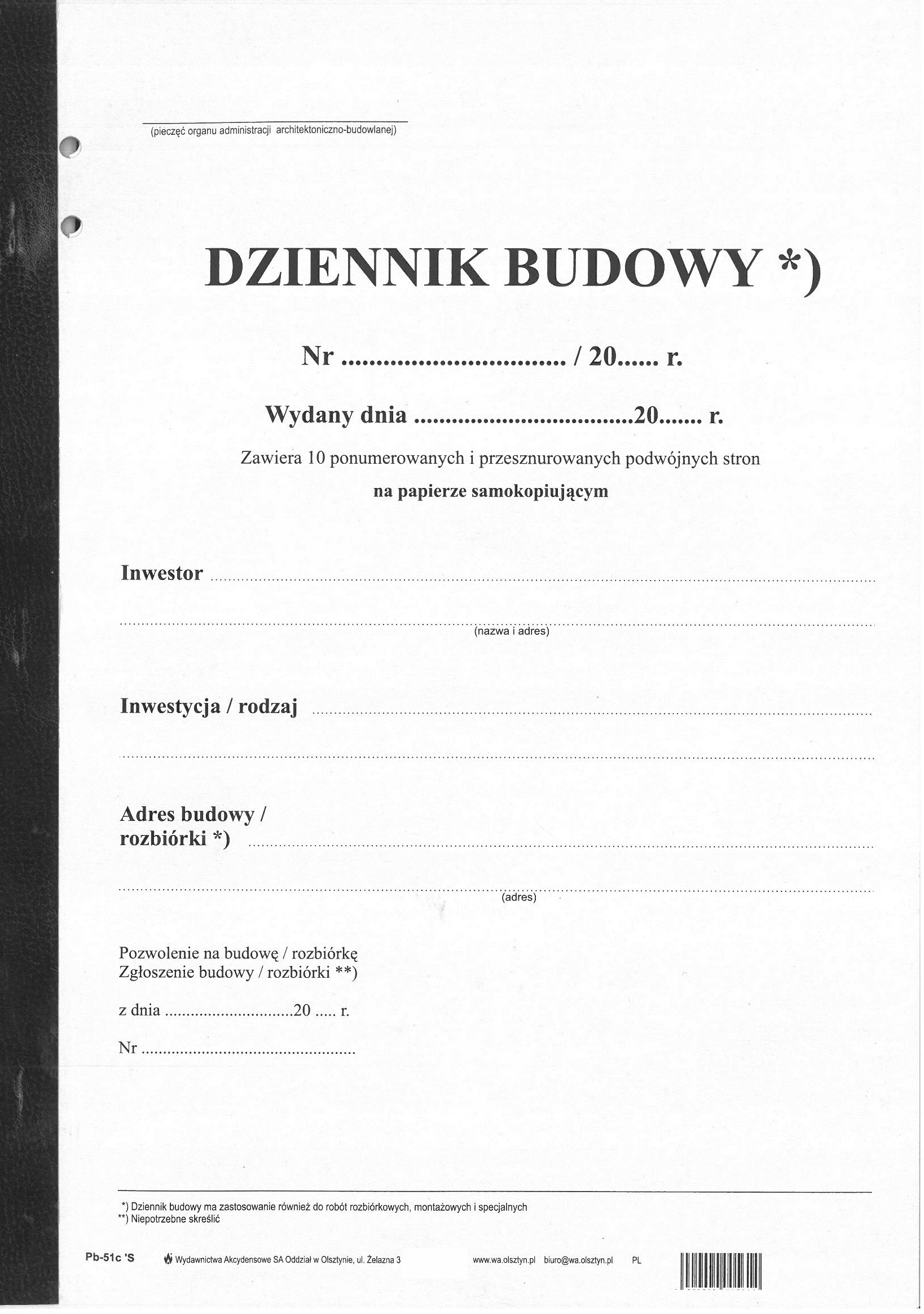 

Dziennik Budowy 20 kartek (10 kpl.) Samokopiujący