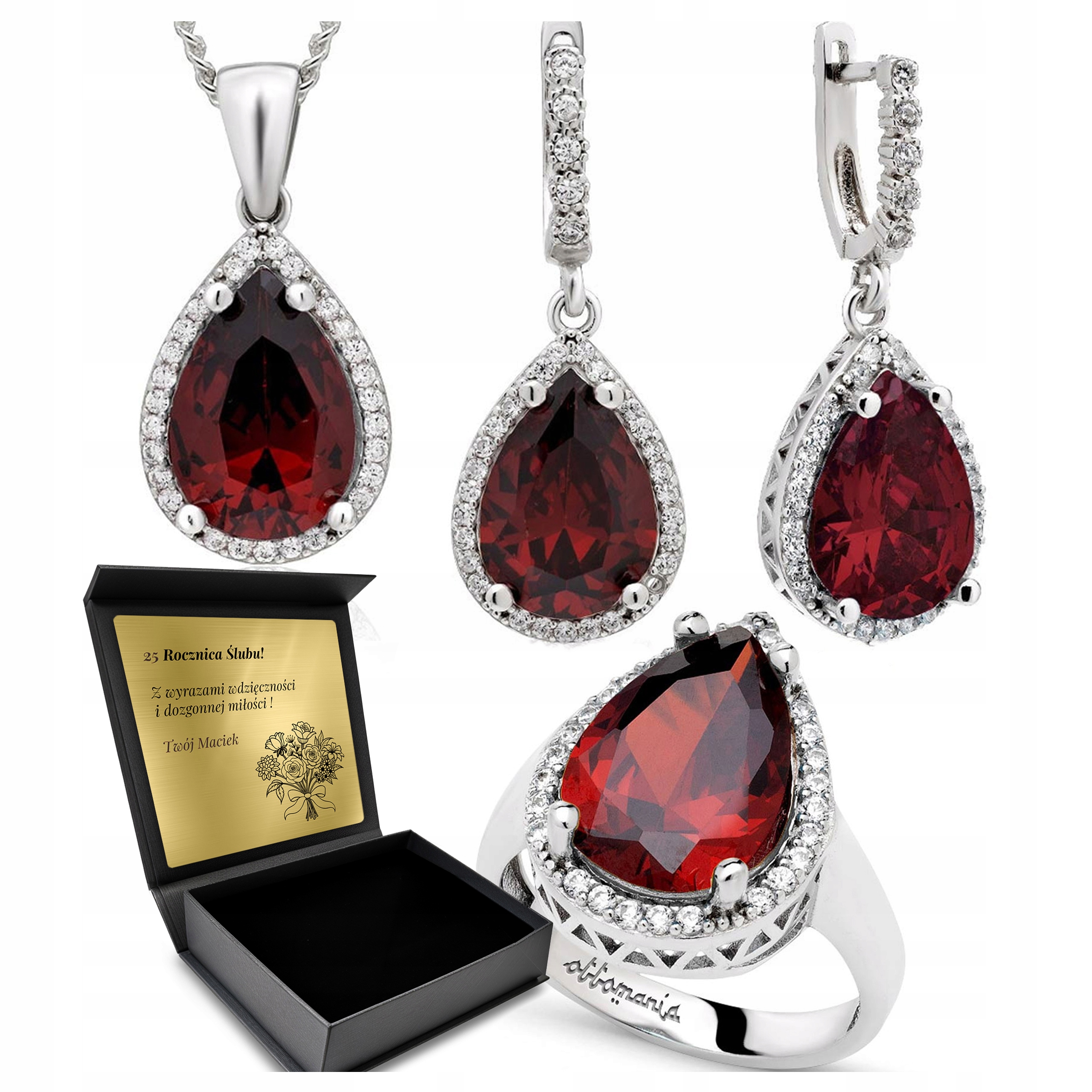 Komplet Stříbrných Šperků 925 Zirkony Granátový Dárek pro ženu Gravírování