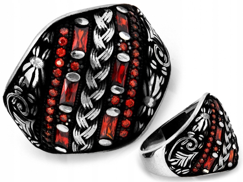 Velký prsten r24 z oxidovaného stříbra 925, červené zirkony 7.95 g