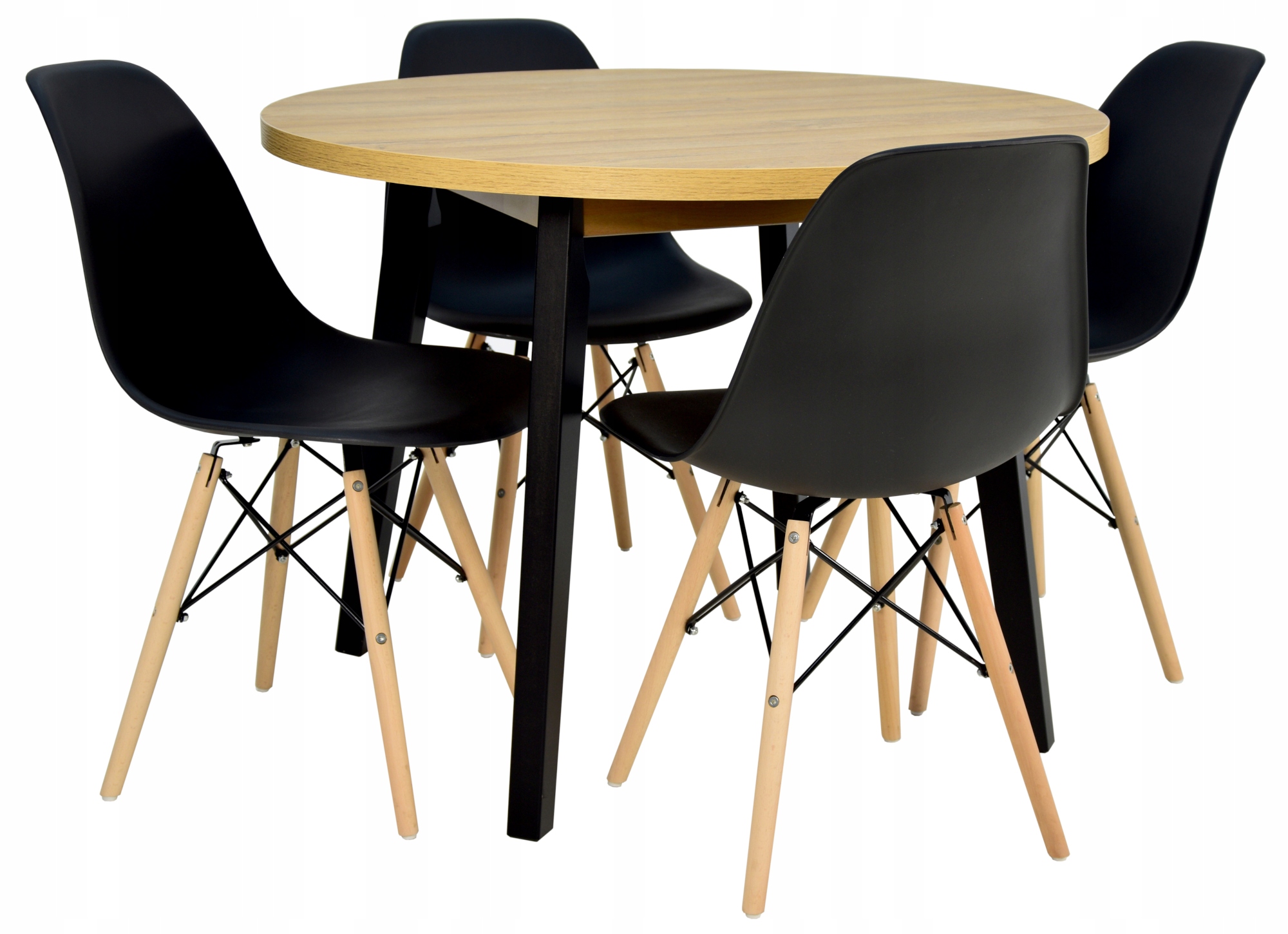 DESIGNERSKI stół okrągły 100 cm + 4 CZARNE krzesła