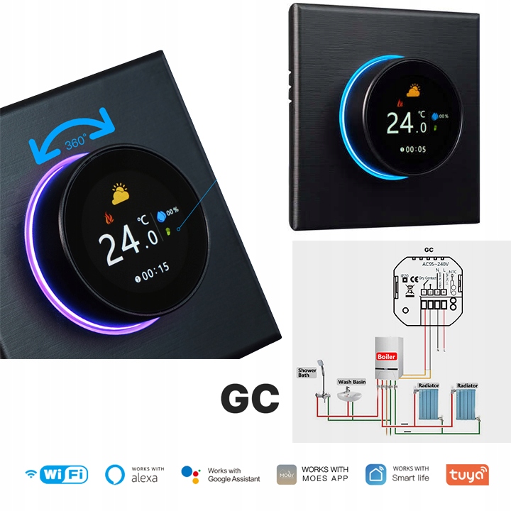 Inteligentný Wi-Fi Termostat s Otočným Gombíkom pre Plynový Kotol Moes Gc 5A