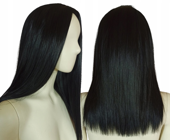 Paruka černá bez ofiny 45 cm, dlouhé boby na ramena, černé rovné vlasy