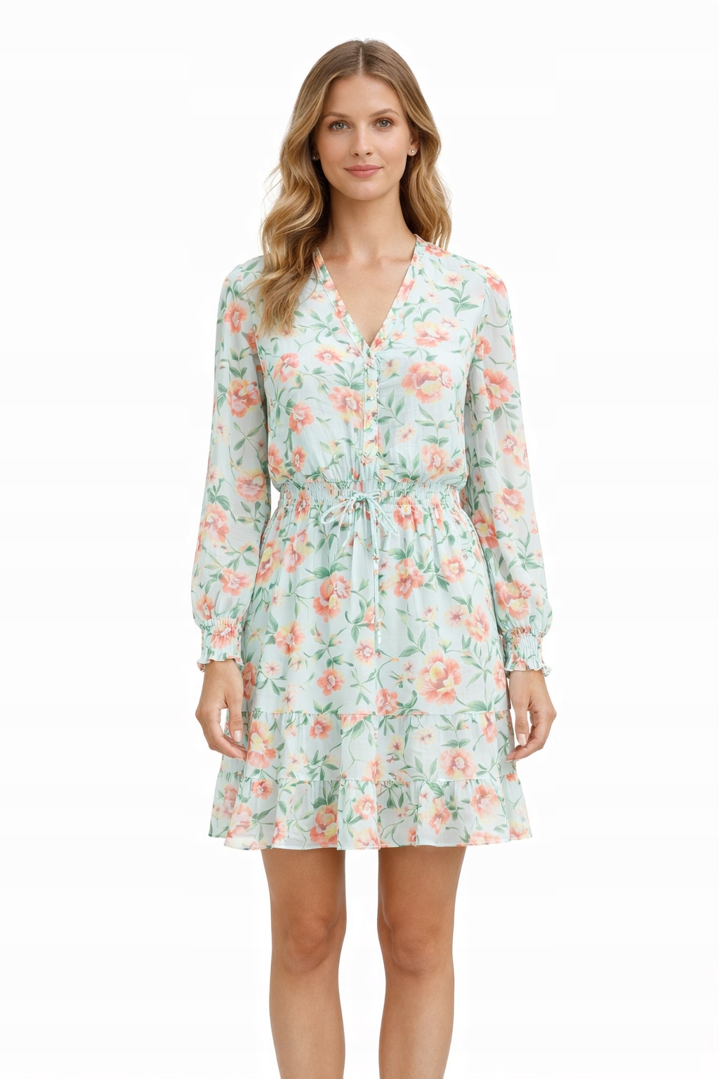 Guess Šaty Mini S Květinovým Potiskem A Volánky, Modrá S I4C