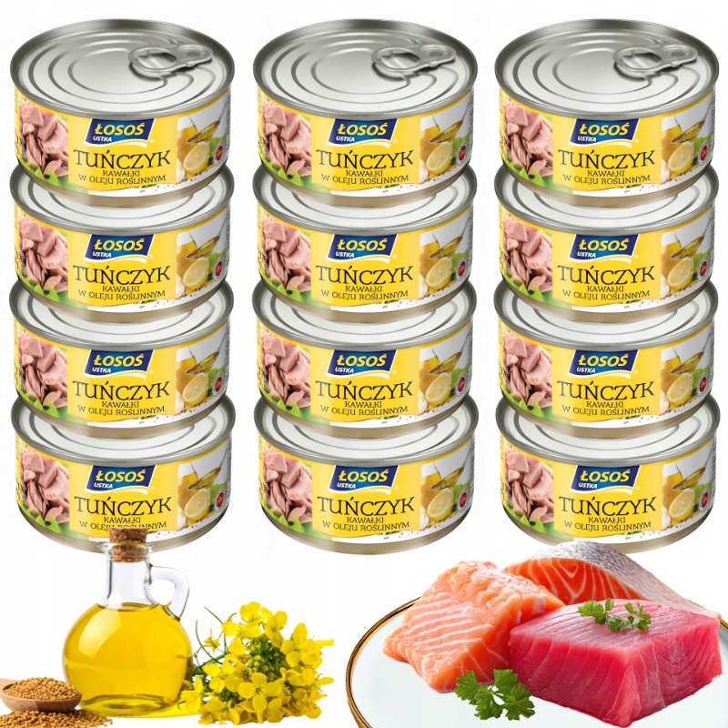 Tuňák Kousky v oleji Konzervy Ryby Łosoś Ustka Sada 12x170g
