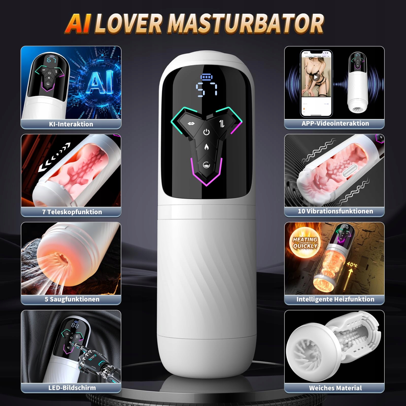 APP MASTURBATOR Dla Mężczyzn Z 10 Wibracjami 7 Teleskopami 5 Trybami Ssania — miniatura 2
