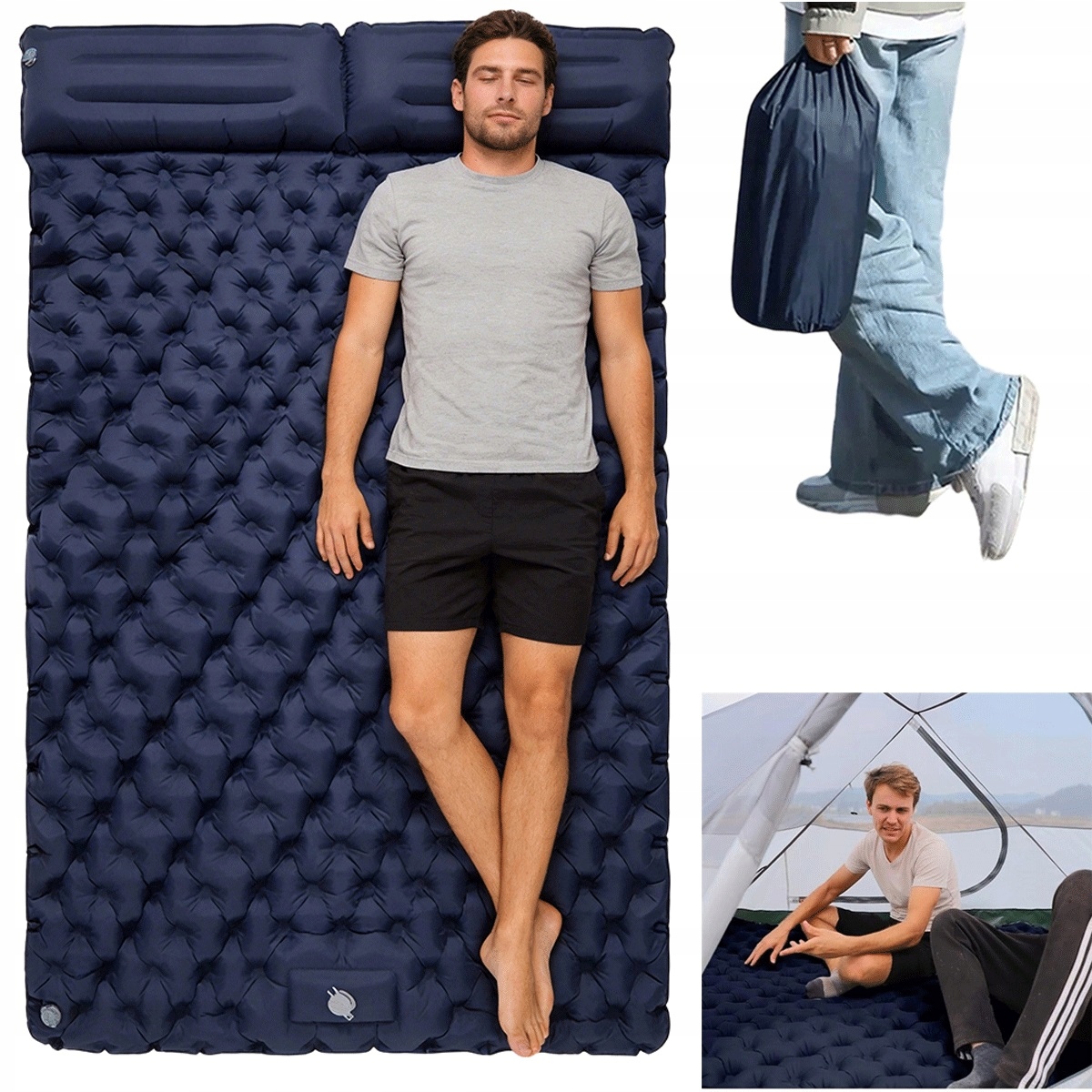 Turistická podložka 200 x 120 cm s nožní pumpou a ergonomickým polštářem, modrá