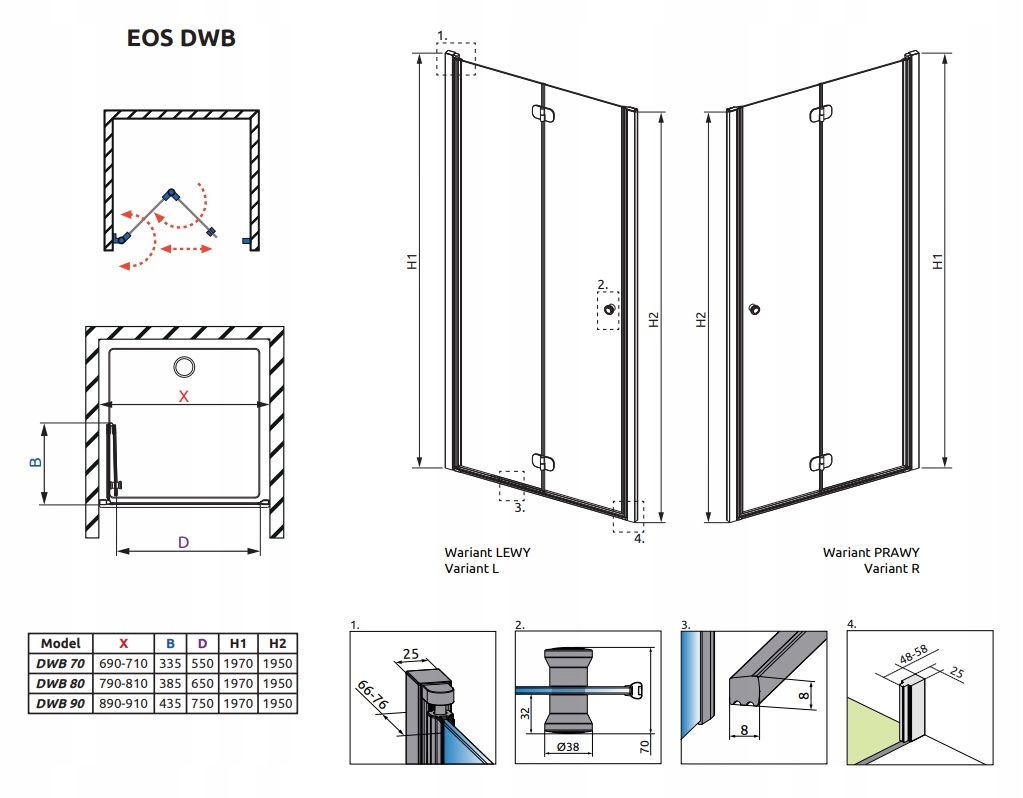 Drzwi prysznicowe składane Eos DWB 80x197 LEWE Rodzaj drzwi do wnęki