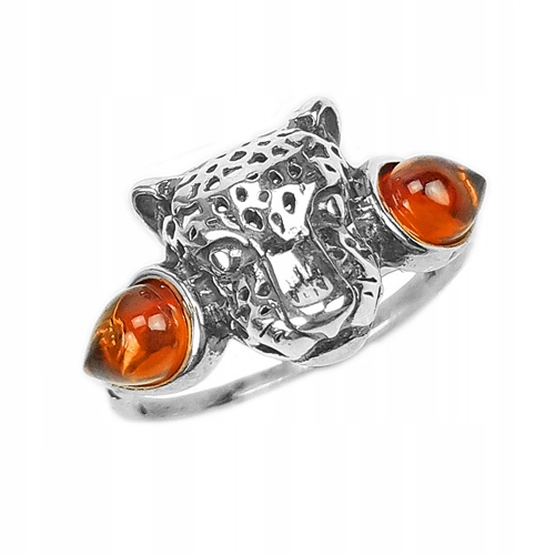 Stříbrný Prstýnek kočka Pantera s originálním Jantarem stříbro 925 velikost 14