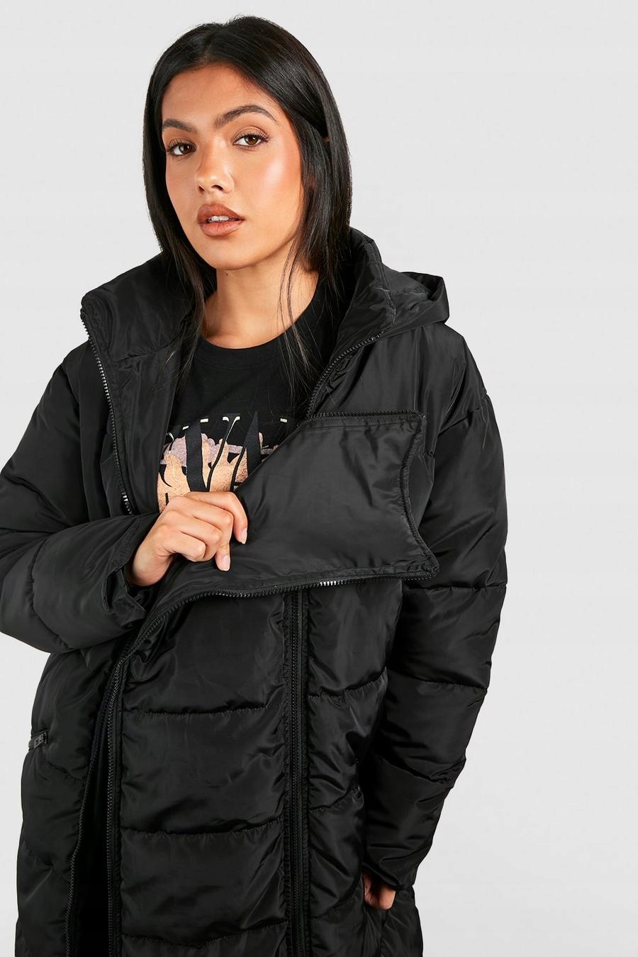 BOOHOO CIĄŻOWA PIKOWANA DŁUGA KURTKA Z KAPTUREM C8S NG2__S Marka Boohoo