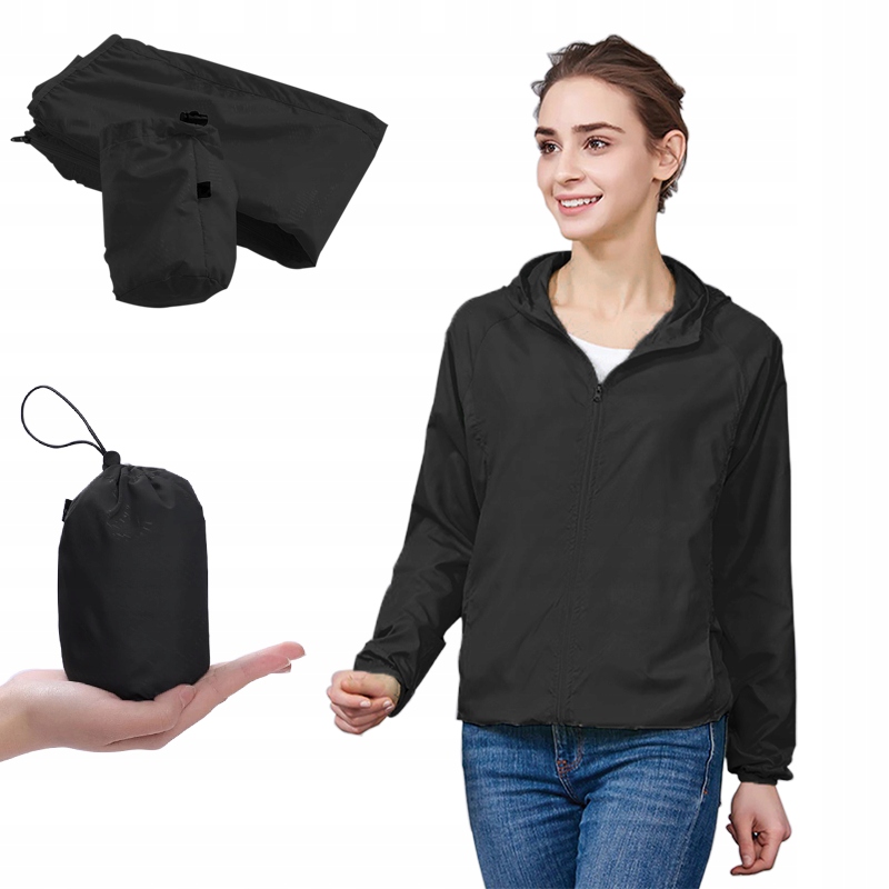 KURTKA PRZECIWDESZCZOWA Z KAPTUREM WIATRÓWKA LEKKA UNISEX CZARNA ROZ XXXL Marka bez marki