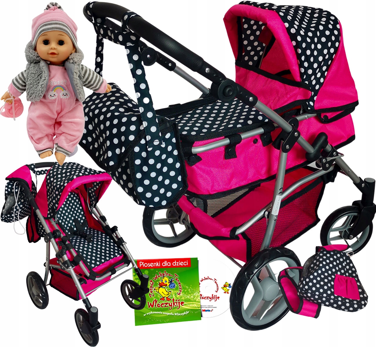 

Wózek Dla Lalek Głęboki Spacerówka Z Torbą+bobas