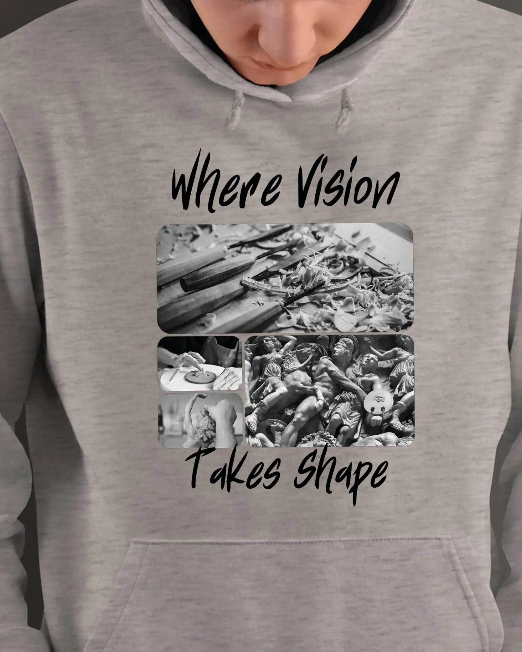 Mikina s kapucí Dárek pro sochaře Umělecká koláž Šedá L