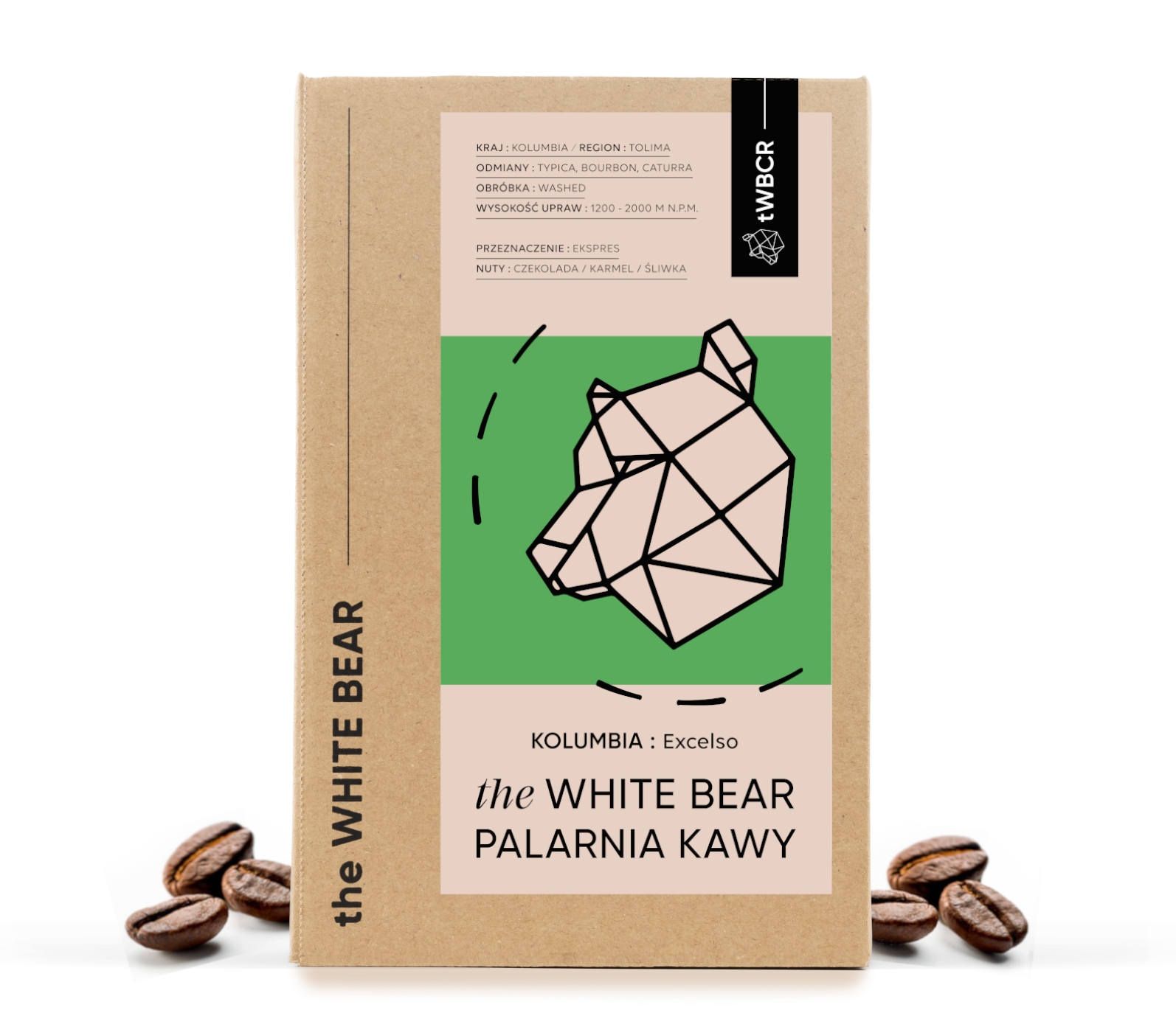 Levně Káva zrnková, čerstvě pražená Arabica The White Bear Kolumbie Excelso 1000 g