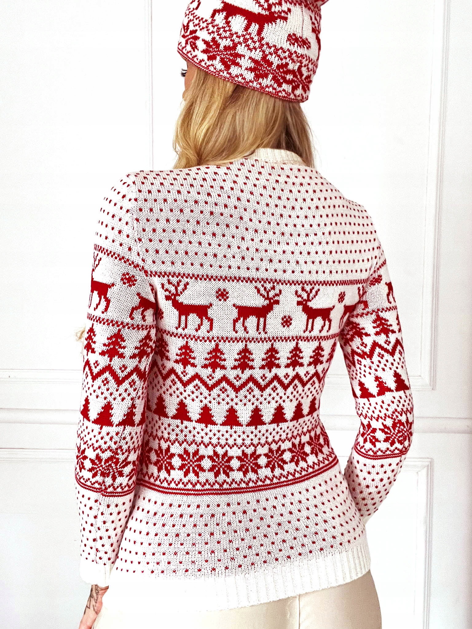 KOMPLET ŚWIĄTECZNY SWETER PODKOLANÓWKI CZAPKA BIAŁY ŚWIĘTA PREZENT + GRATIS Marka inna