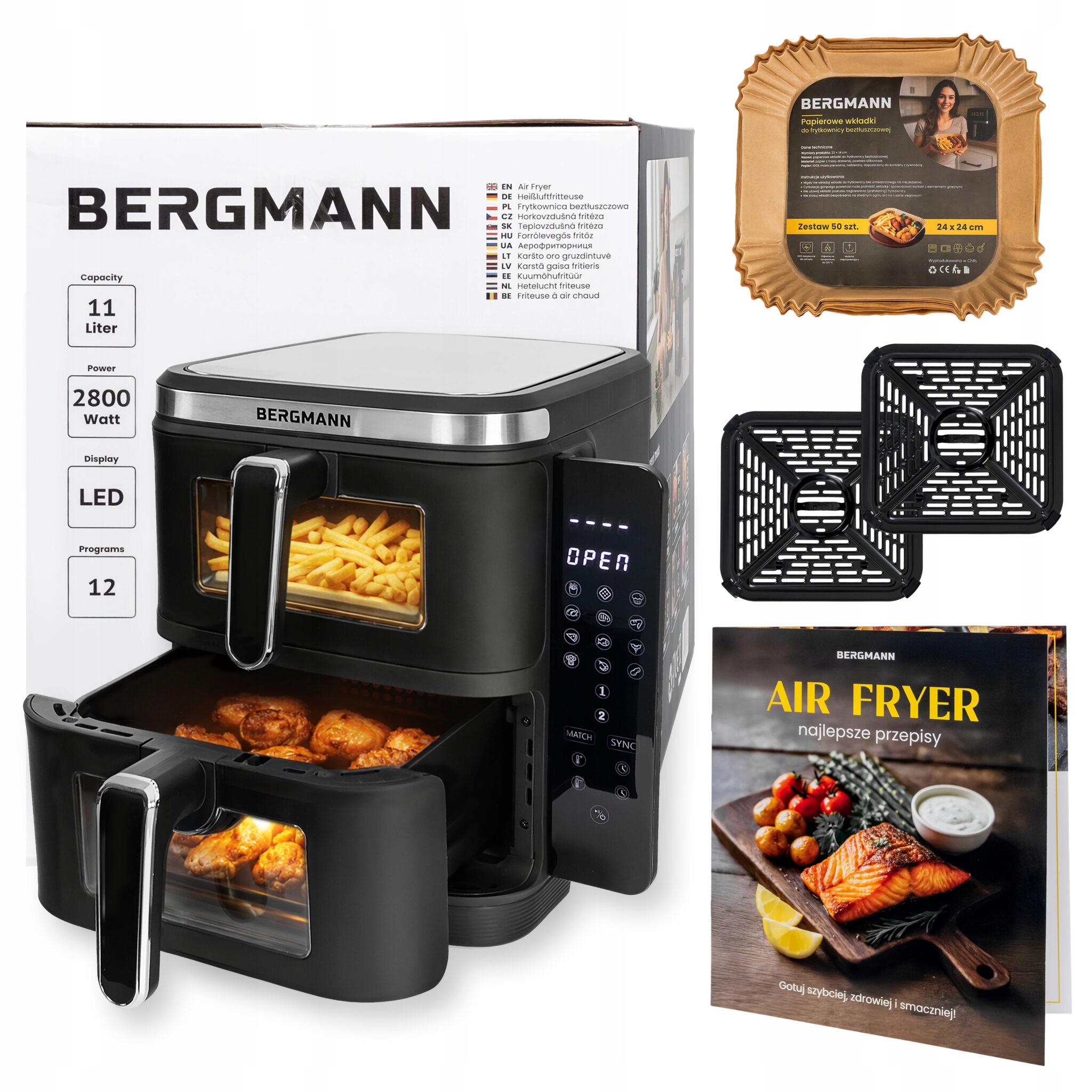 Frytkownica Beztłuszczowa Dwukomorowa 11L Air Fryer Bergmann 12 Programów
