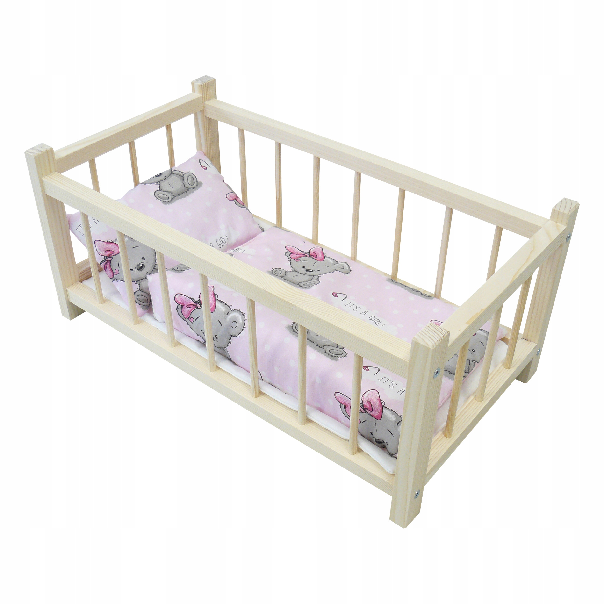 ŁÓŻECZKO DREWNIANE DLA LALEK NATURALNE + POŚCIEL MIŚ Z KOKARDKĄ