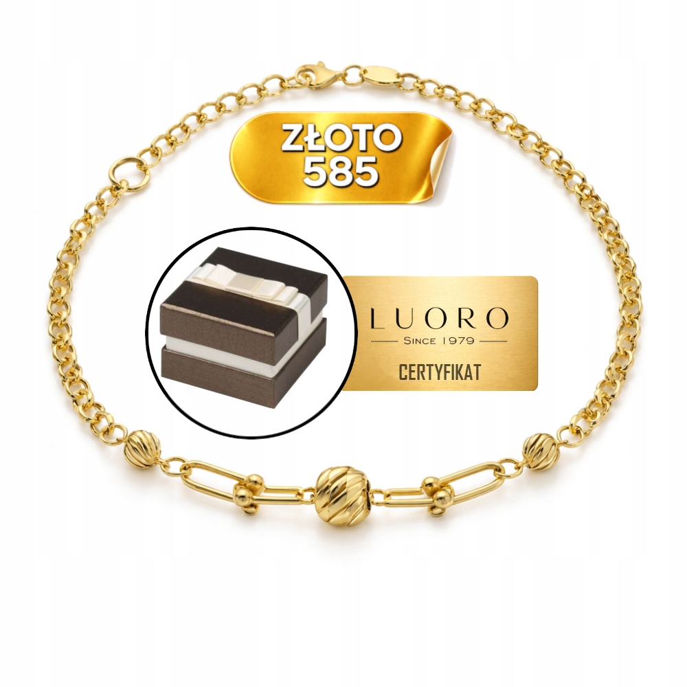 Náramek Zlatý 585 14K Diamantové Kuličky 17 CM Nastavitelný