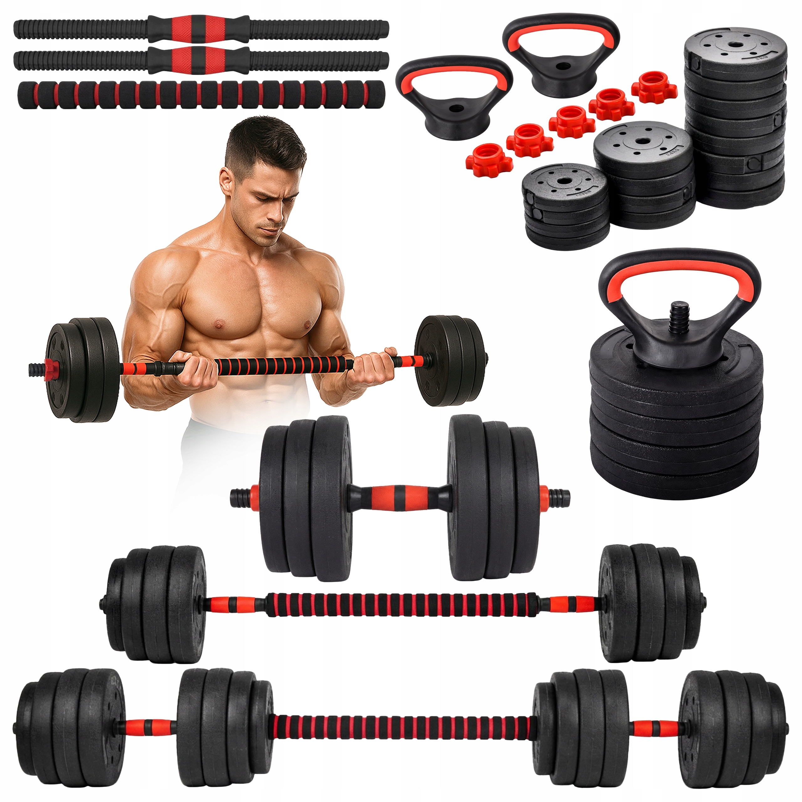 Hantle Bitumiczne Regulowane Zestaw 2x20 Kg Sztanga Uchwyty Kettlebell