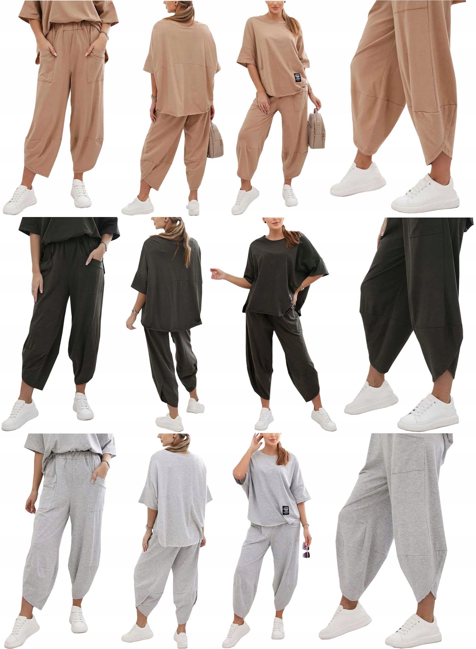 WŁOSKI ELEGANCKI KOMPLET BAWEŁNIANY BLUZKA SPODNIE DRESOWY OVERSIZE S Wzór dominujący bez wzoru