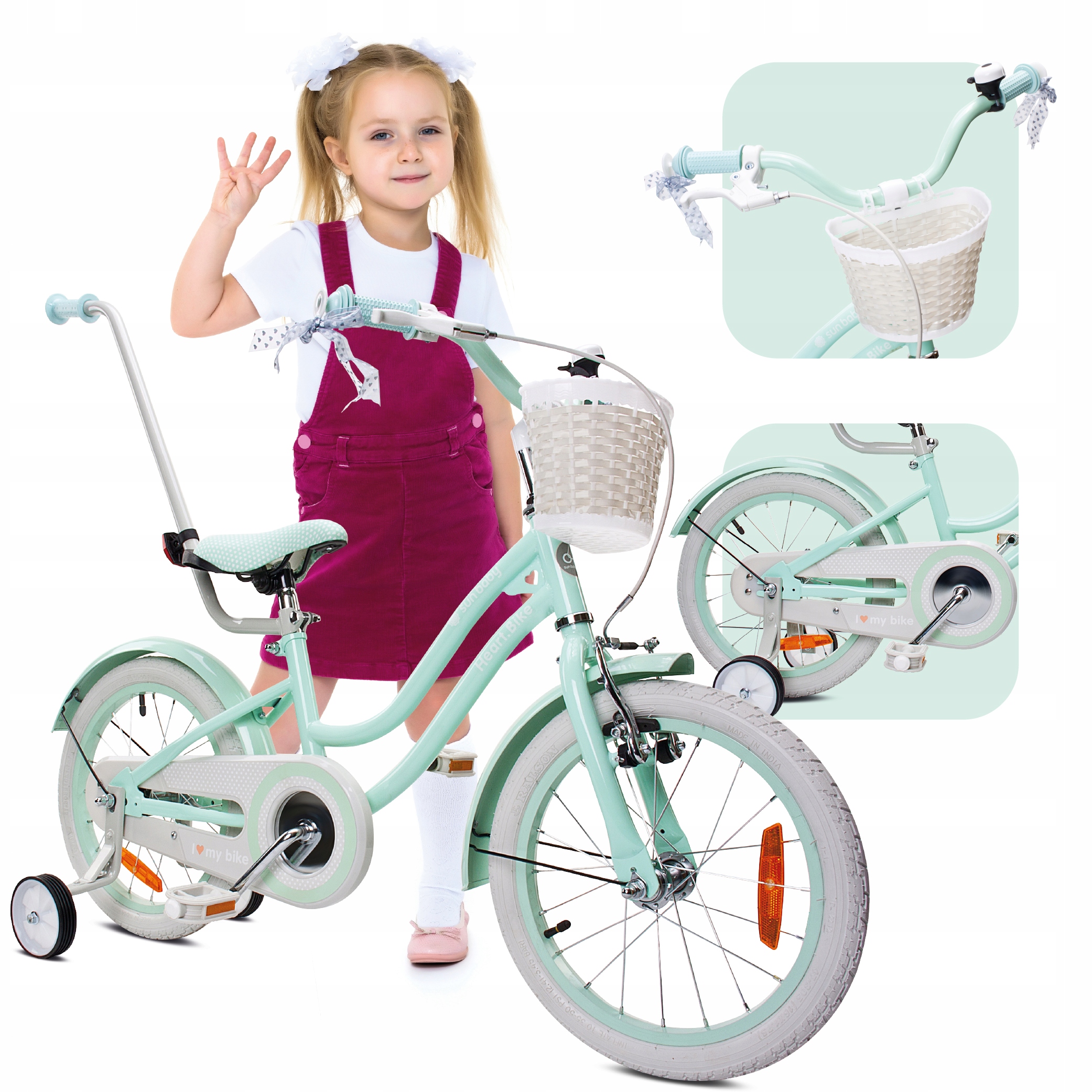 Rowerek 16 cali dla dziewczynki dziecięcy Koszyk Kółka boczne Pchacz Silver