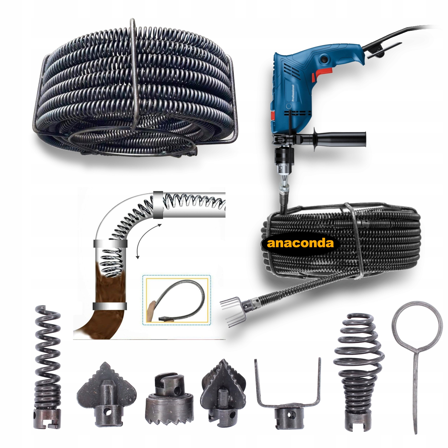 PRZEPYCHACZ SPIRALKA ŻMIJKA ELEKTRYCZNA DO RUR 70-220mm NA WIERTARKĘ 15m