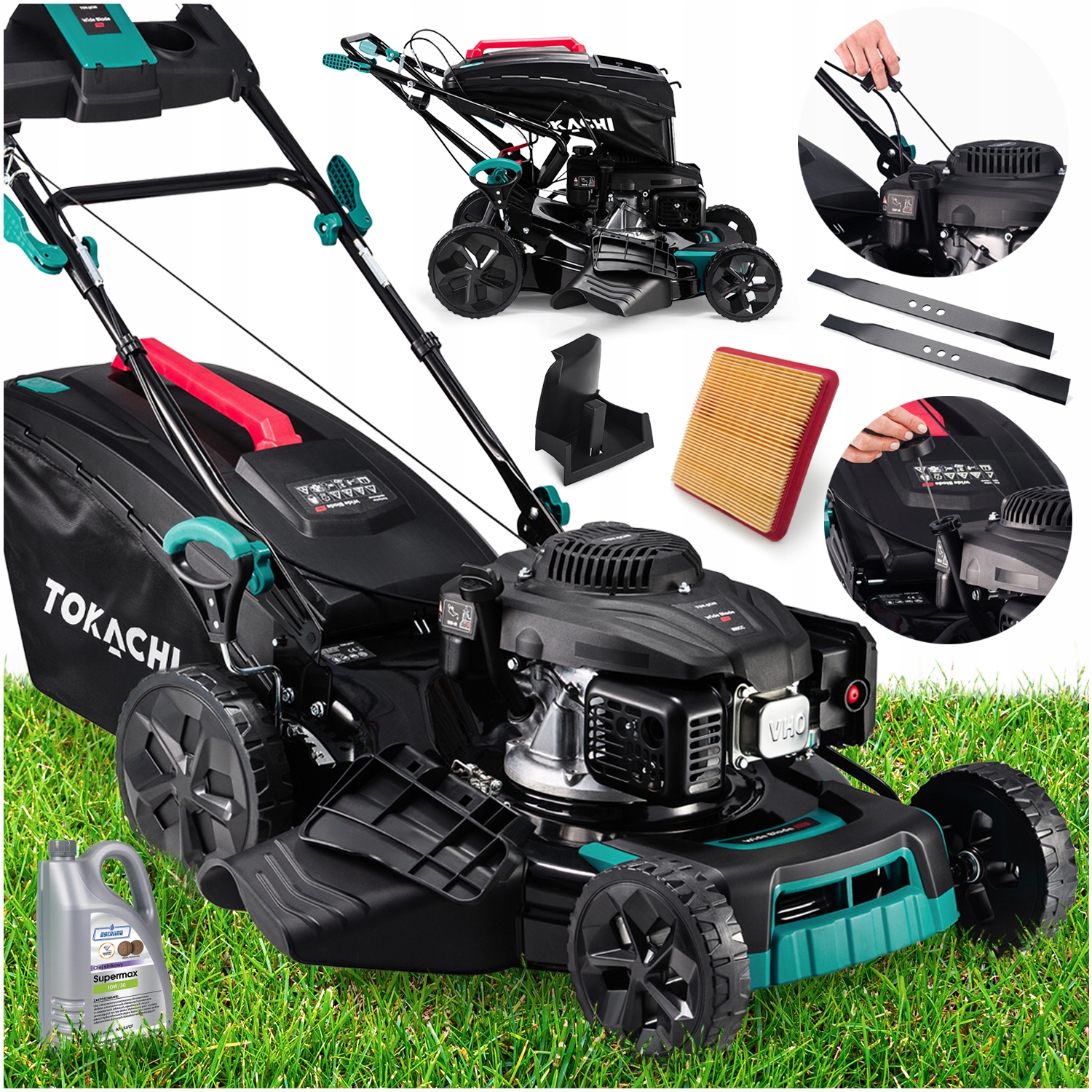MOCNA KOSIARKA SPALINOWA Z NAPĘDEM 53CM SILNIK LONCIN 196CC KOSZ 65L + OLEJ